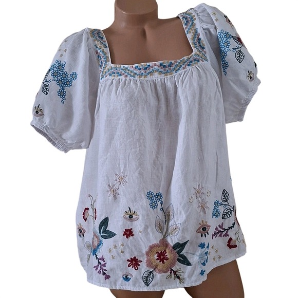Johnny Was Martine Wander White Linen Top Boho Embroidered Women's size Large - Picture 5 of 12